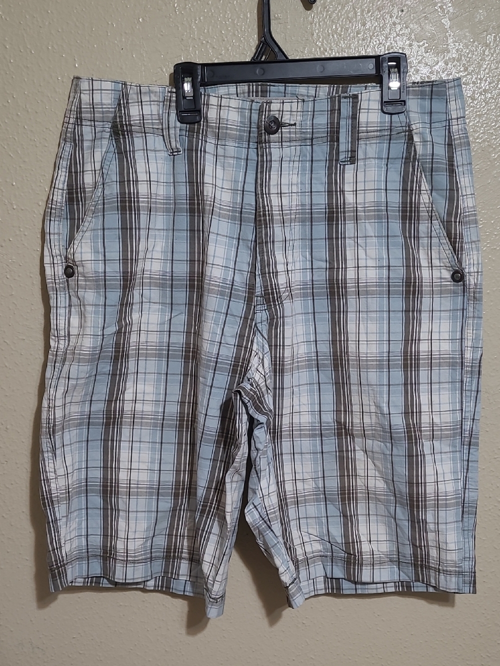 Marc Ecko Light Blue and Gray Plaid Flat Front Shorts